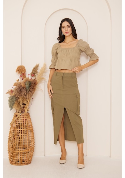 Darlin Moda Haki Büzgülü Crop Bluz Dm7001