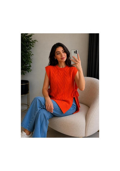 Hira Life Fashion Kadın Bisiklet Yaka Yanları Açık Bağcıklı Oversize Triko Süveter Turuncu Turuncu Hira Life Fashion Kadın Bisiklet Yaka Yanları Açık Bağcıklı Oversize Triko Süveter Turuncu Turuncu