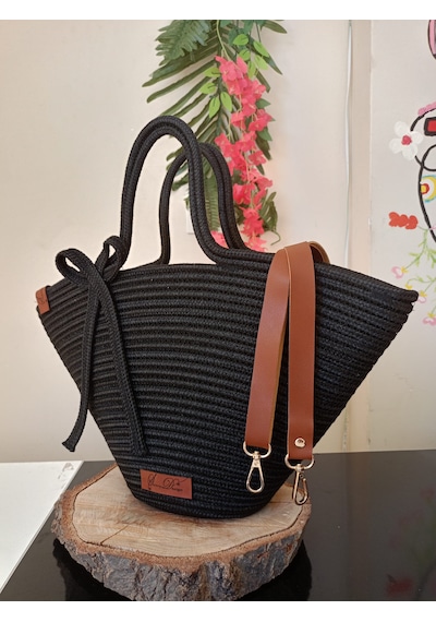 Sunnydesign Jüt Hasır Çanta El Çantası Kol Çantası Günlük Çanta Siyah Çanta