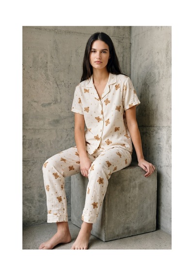 Fit Women V Yaka Düğmeli Casual Kırık Beyaz Pijama Takımı