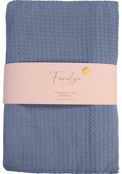 Faralya Life %100 Pamuklu Kare Petek Dokulu Çift Kişilik Lüks Pike 200 220cm Açık Indigo