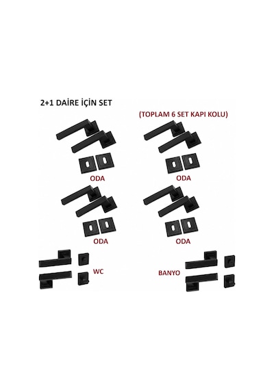 Lama Kare Rozetli Kapı Kolu 6'lı Set 2+1 Daire Için Geçerli Siyah