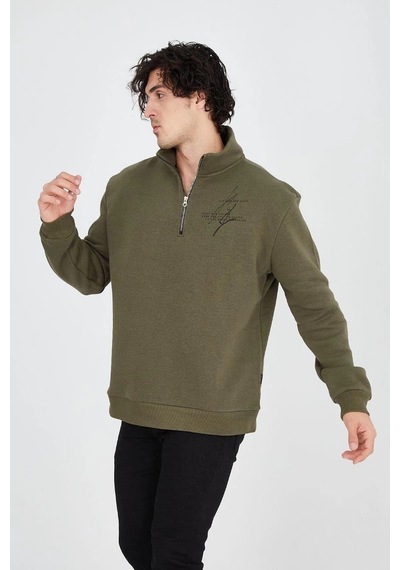 Barlashive Erkek Yarım Fermuarlı Baskılı 3 İplik Pamuklu Sweatshirt - Yeşil Çok Renkli