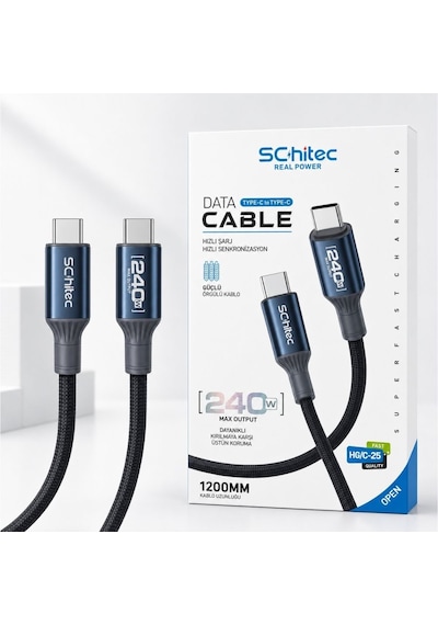 Schitec 240w Type-c To Type-c Süper Hızlı Şarj Ve Data Kablosu 1.2metre Siyah Hg/c-25 1 Adet