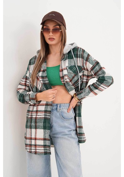 Polologin Butik Kadın Yeşil Beyaz Kapşonlu Araboy Tunik Yeşil