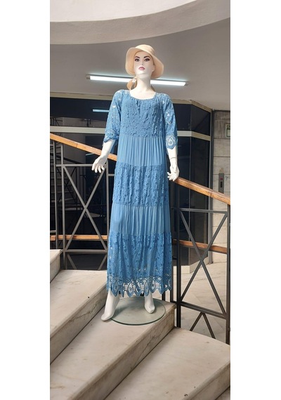 Eren Style İtalyan Sunshine İpek Detaylı Dantelli Elbise-9033 İndigo Mavisi