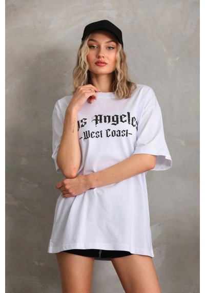 Freedom Storee Kadın Baskılı Tişört Kısa Kol Bisiklet Yaka Oversize T-shirt - Beyaz Çok Renkli