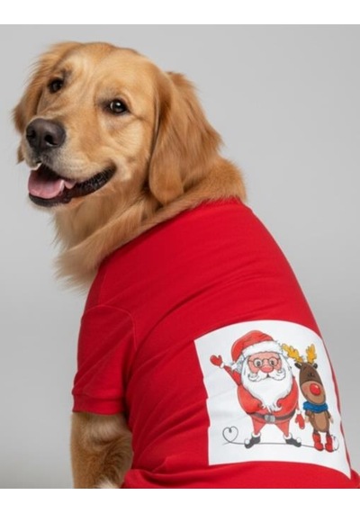 Noel Baba Ve Geyik Baskılı Kırmızı Pamuklu Yılbaşı Köpek Tişörtü Orta Ve Büyük Irklar İçin