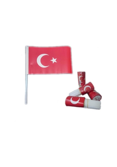 100 Adet Çubuklu Kağıt Türk Bayrağı Çıtalı Sopalı Ayyıldız Baskılı Bayrak