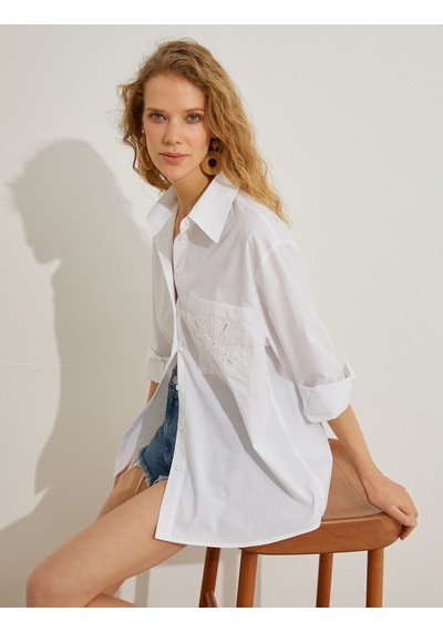 Koton Oversize Gömlek Cepli Nakış Detaylı Kırık Beyaz 3sak60094ew 3SAK60094EW001 Ekru
