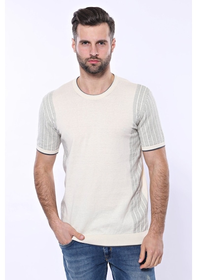 Yake Store Bisiklet Yaka Kenarları Desenli Krem Örme T-shirt Wessi - Krem Beyaz