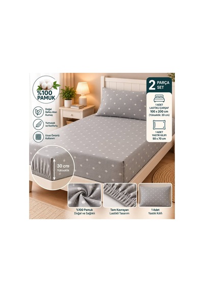 Slc Home %100 Pamuk Kumaş 100 X 200 Cm Lastikli Çarşaf 1 Adet Yastık Kılıflı Tek Kişilik 2li Set Gri - 939641234 Gri