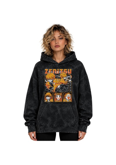 Sevbano Zenitsu Agatsuma Anime Baskılı Unisex Oversize Premium Yıkamalı H Siyah