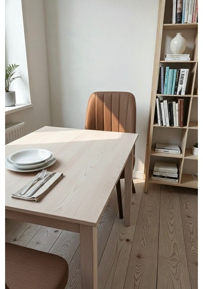Nora 1 Adet Sandalye - Keten Kumaşlı Sandalye Modern Ahşap Ayaklı Yemek & Çalışma Sandalyesi Minimal Tasarım Açık Kahverengi