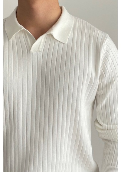 Cool Tarz Erkek Polo Yaka Triko Kazak Slim Fit Fitilli Beyaz