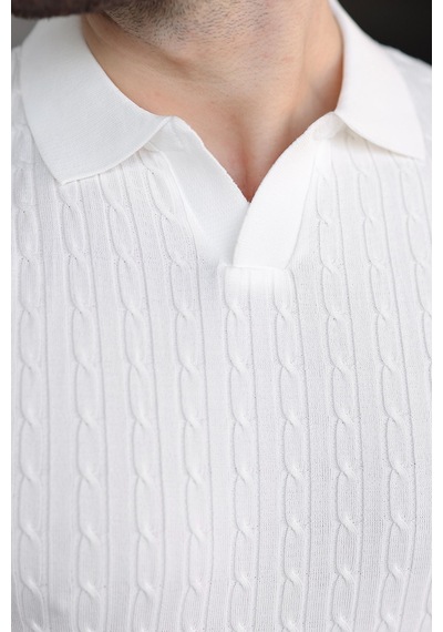 Madmext Beyaz Slim Fit Polo Yaka Triko Erkek Tişört E7472 Beyaz