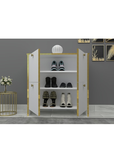 %100 Mdf 2 Kapaklı Küp Altın Sarısı Desenli Gövdeli Ayakkabılık Beyaz