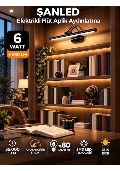 6w Elektrikli Flüt Led Aplik Siyah Renk Gün Işığı Ayarlanabilir Başlık 1 Adet