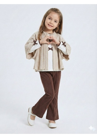 Xo Kids Pelerin Detaylı Kız Çocuk 3lü Alt Üst Takım 4-10 Yaş 4406 Ekru