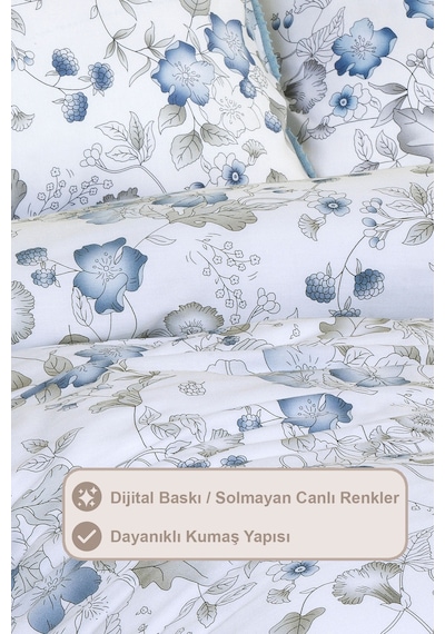Elart Rose Nevresim Takımı Çift Kişilik Digital Baskılı %100 Pamuk Saten Dantelli 200x220 Cm Mavi Mavi