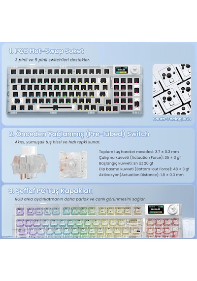 Aula F98 Pro V3 Oled Ekranlı Crystal Switch Makrolu Kablosuz Rgb Hot-swap Gasket Pre-lubed Switch Mekanik Klavye Şeffaf