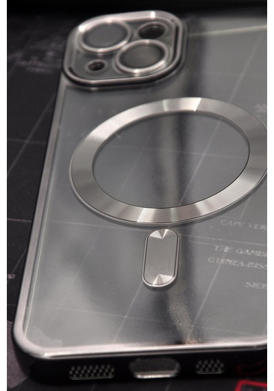 Apple Uyumlu iPhone 14 Magsafe Özellikli Siyah Renkli Kenarlı Lazerli Şeffaf Kılıf Lens Korumalı