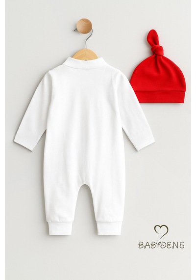 Babyden's Mini Boss Erkek Bebek Tulum Ve Şapka Seti Yenidoğan Papyonlu Bebek Tulumu %100 Pamuk Kırmızı