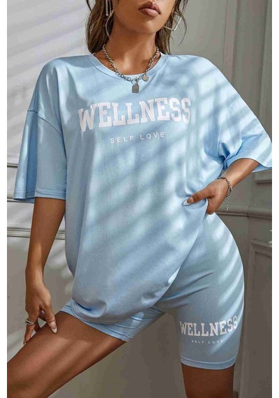Merry See Wellness Baskılı Soft Kısa Kollu Şortlu Alt Üst Takımı Mavi 001