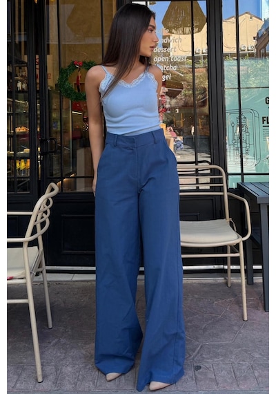 Madmext İndigo Yüksek Bel Keten Wide Leg Pantolon Mg2718