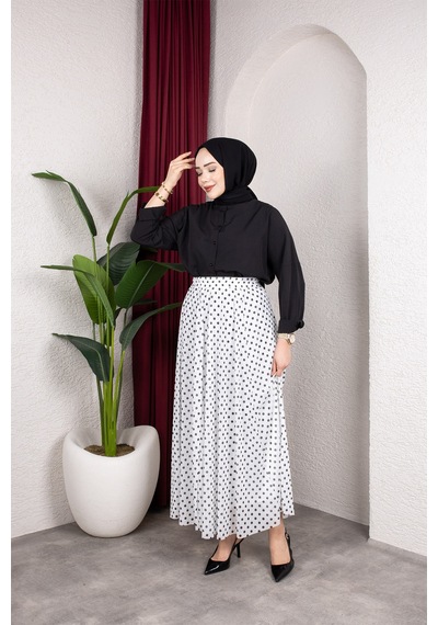 Hira Life Fashion Kadın Astarlı Puantiye Desenli Tül Etek Beyaz-siyah Beyaz-siyah