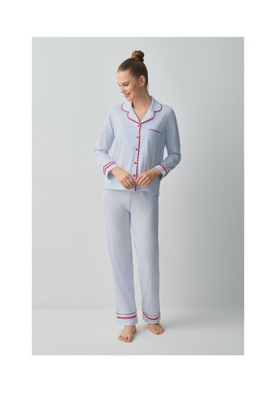 Suwen Tiny Gömlek Yaka Pamuklu Pijama Takımı Wsh105100081196 Mavi