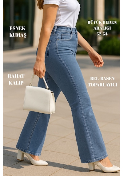 Cedy Denim Cedy Denım - Kadın Büyük Beden İspanyol Paça Yüksek Bel Skinny Fit Likralı Pantolon C628 Buz Mavisi