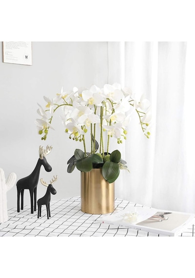4lü Set Yapay Çiçek Beyaz Islak Orkide Ve 2 Adet Orkide Yaprağı Gerçeksi Doku Uzun Dal 90cm