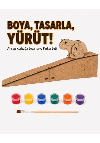 Çocuk Ahşap Hareketli Kurbağa Boyama Seti 6 Renk Boya, Fırça Ve Kolay Montaj Parkuru