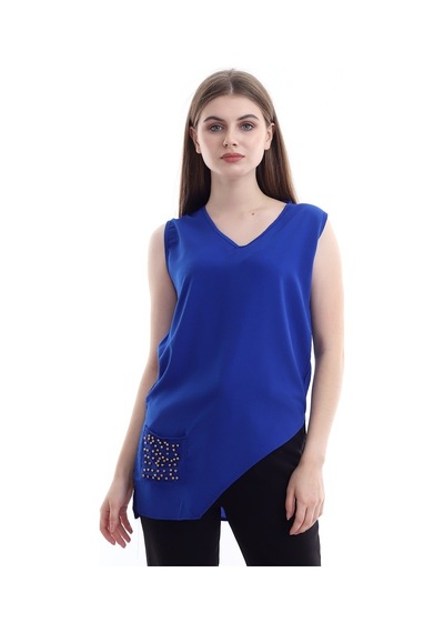 Self Clothing Kadın Saks V Yaka Cep Ve Yırtmaç Detaylı Bluz Slf1246-Saks