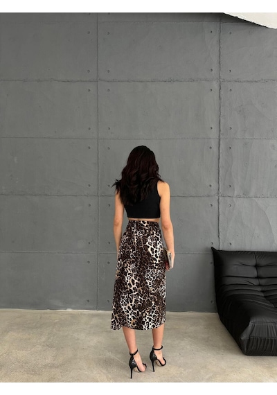 Zeo Basic Leopar Desenli Midi Etek Leopar