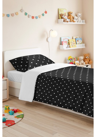 Siyah Puantiyeli Minimal Tek Kişilik Pike Takımı-beyaz Geometrik 160x220 Cm Kapitone Yatak Örtüsü Mavi