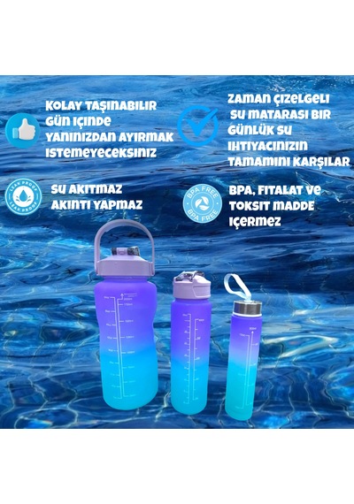 3'lü Set Bpa İçermez Motivasyonel Mor Su Mataraı,su Şişesi 2lt,7