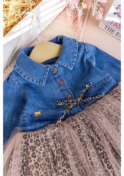 Baby Mod Denim Leopar Desenli 100% Pamuk Şık Özel Gün Kız Bebek Elbise Bej