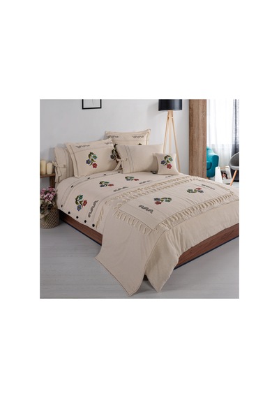 Çiçek Desen 200x220 Pamuk-keten Taş Baskılı Çift Kişilik Nevresim Takımı Krem - 747895135 Krem