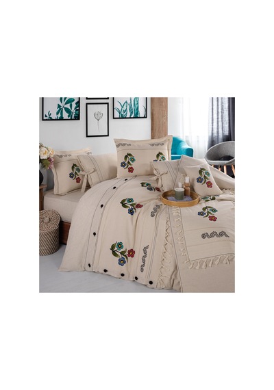 Çiçek Desen 200x220 Pamuk-keten Taş Baskılı Çift Kişilik Nevresim Takımı Krem - 747895135 Krem