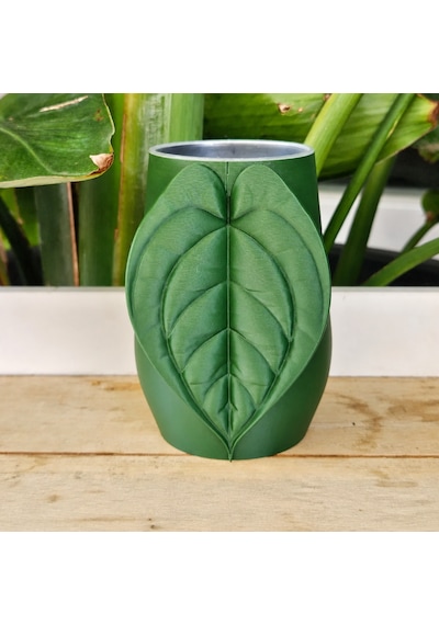 3d Baskı Yaprak Desenli Kap - Kalp Yaprağı Süslemeli Dekoratif Kap-yeşil