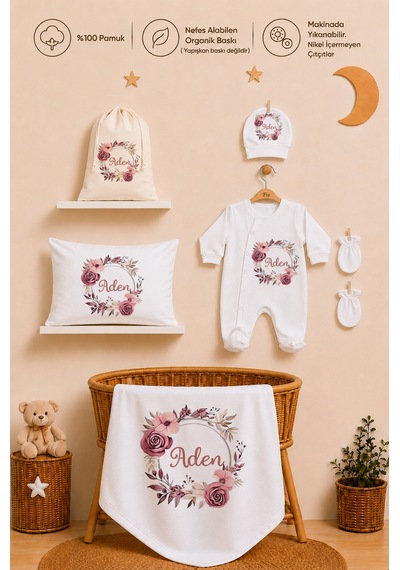 Pia Baby Kız Bebek Hastane Çıkışı 12 Parça %100 Pamuk İsme Özel Organik Baskılı Kese Hediyeli 100611k0x Ekru