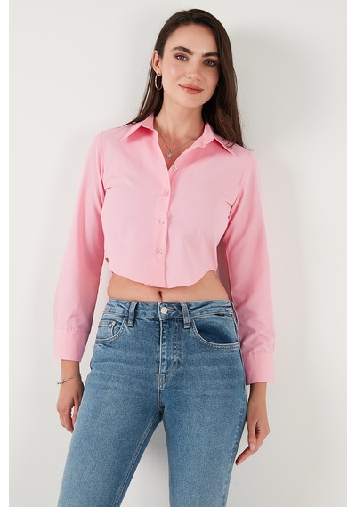 Lela Pamuk Karışımlı Slim Fit Uzun Kollu Crop Bayan Gömlek 6777336 Şeker Pembe