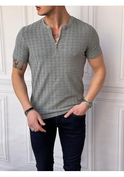 Modefendi Slim Fit Sıfır Yaka Fermuar Detaylı Triko Tshırt Gri