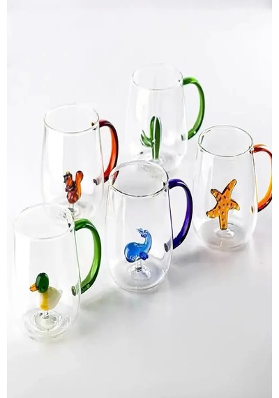 6'lı Sevimli Karikatürler Bardağı Figürlü Cam Bardak 3d Kawaii Renkli Kulplu Sunum Fincanı 350 Ml.