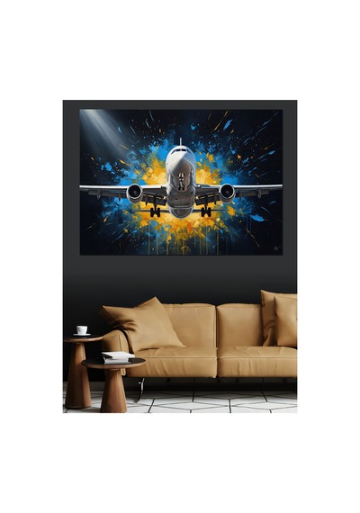 Hızla Gelen Modern Yolcu Uçağı Yağlı Boya Dokulu Kanvas Tablo Canvas Tablosu