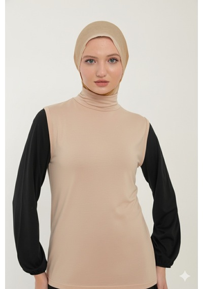 Sonbaharmoda Kadın Sıfır Kollu Yarım Balıkçı Yakalı Penye Likralı Body - Bej Bej