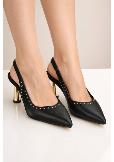 Modaonn Kadın Sivri Burun Zımbalı Slingback İnce Topuk Ayakkabı Siyah