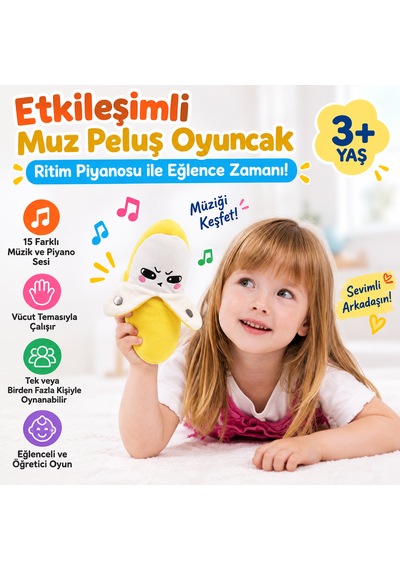 Etkileşimli Muz Peluş Oyuncak Sesli Ritim Piyanosu, Müzikli Ve Eğlenceli Elektronik Oyuncak Sarı